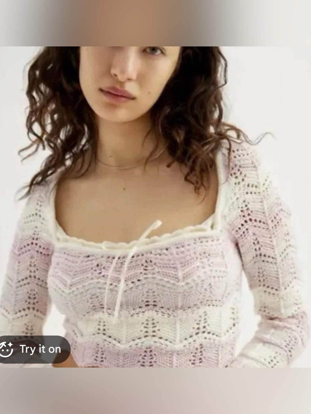 Urban Outfitters Pale Pink and White Crochet Square-Neck Sweater